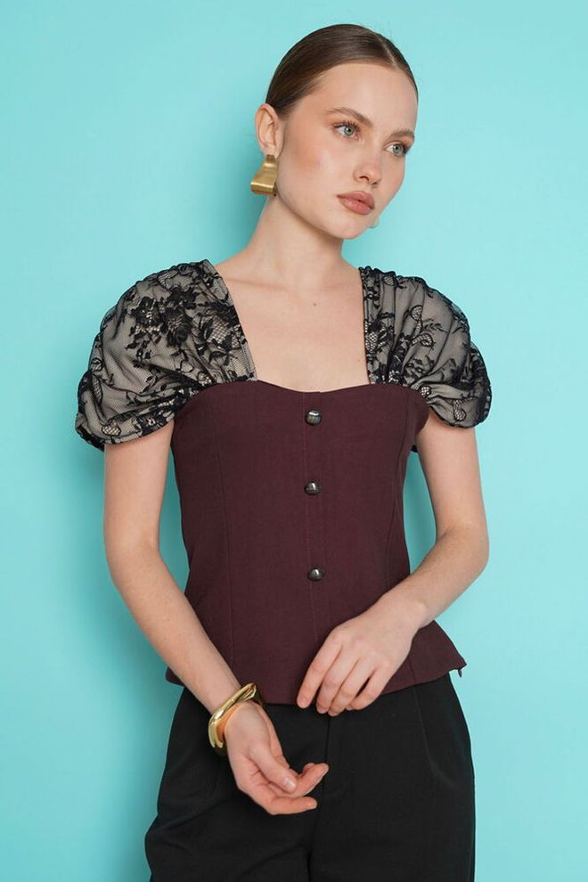 Topshow Elegant Claret Red Blouse With Puff Half Sleeves Wholesale Clothing Sexy