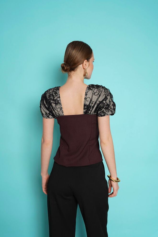 Topshow Elegant Claret Red Blouse With Puff Half Sleeves Wholesale Clothing Formal