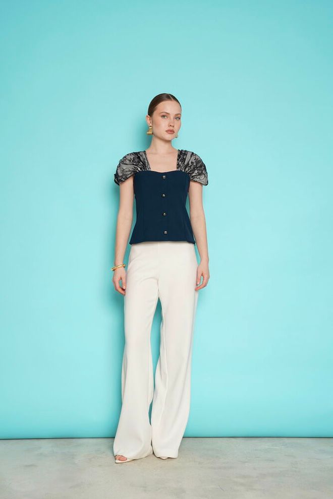 Topshow Navy Blue Elegant Fitted Blouse With Puff Cap Sleeves Wholesale Clothing 1