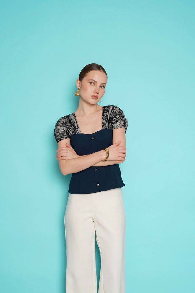 Topshow Navy Blue Elegant Fitted Blouse With Puff Cap Sleeves Wholesale Clothing Work