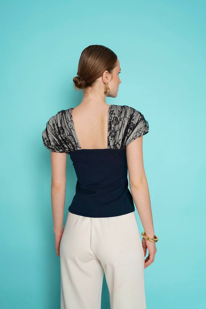 Topshow Navy Blue Elegant Fitted Blouse With Puff Cap Sleeves Wholesale Clothing Formal