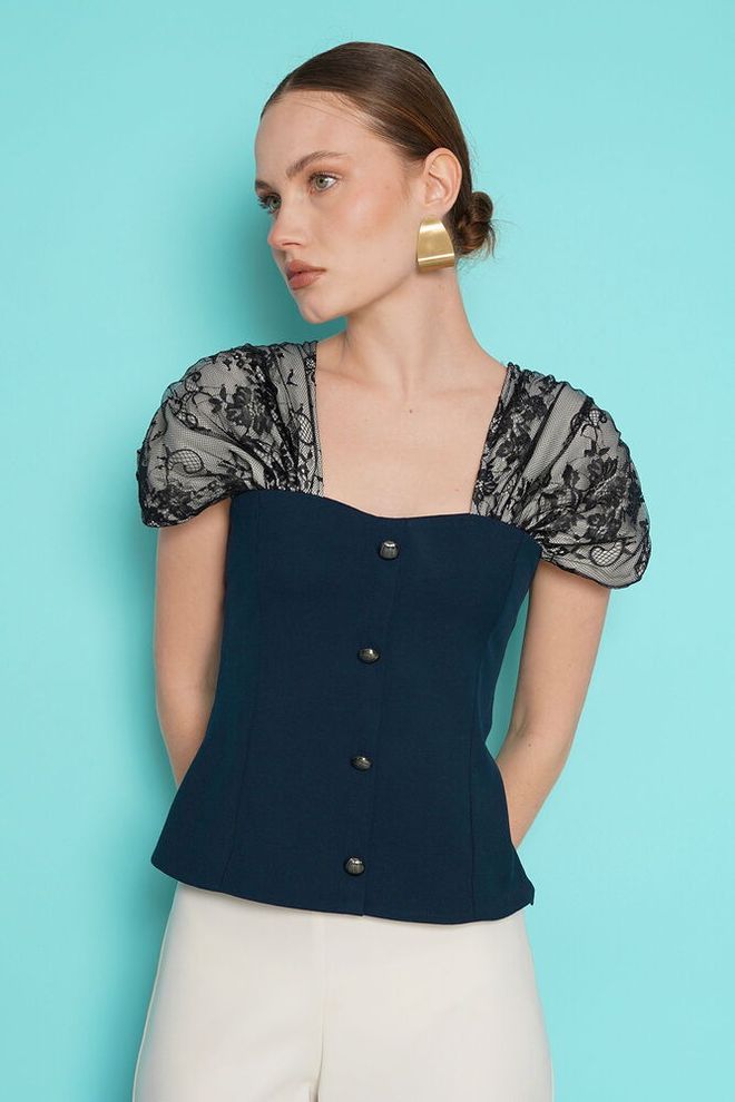 Topshow Navy Blue Elegant Fitted Blouse With Puff Cap Sleeves Wholesale Clothing Sexy