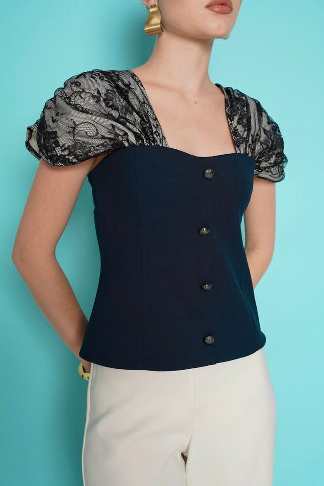Topshow Navy Blue Elegant Fitted Blouse With Puff Cap Sleeves Wholesale Clothing Spring