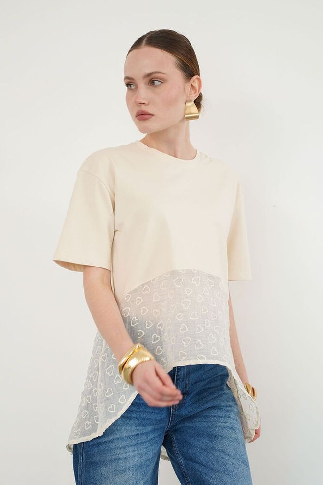 Topshow بلوزة اللون البيج بنمط قلوب بأكمام قصيرة طويلة ملابس بالجملة غير رسمي