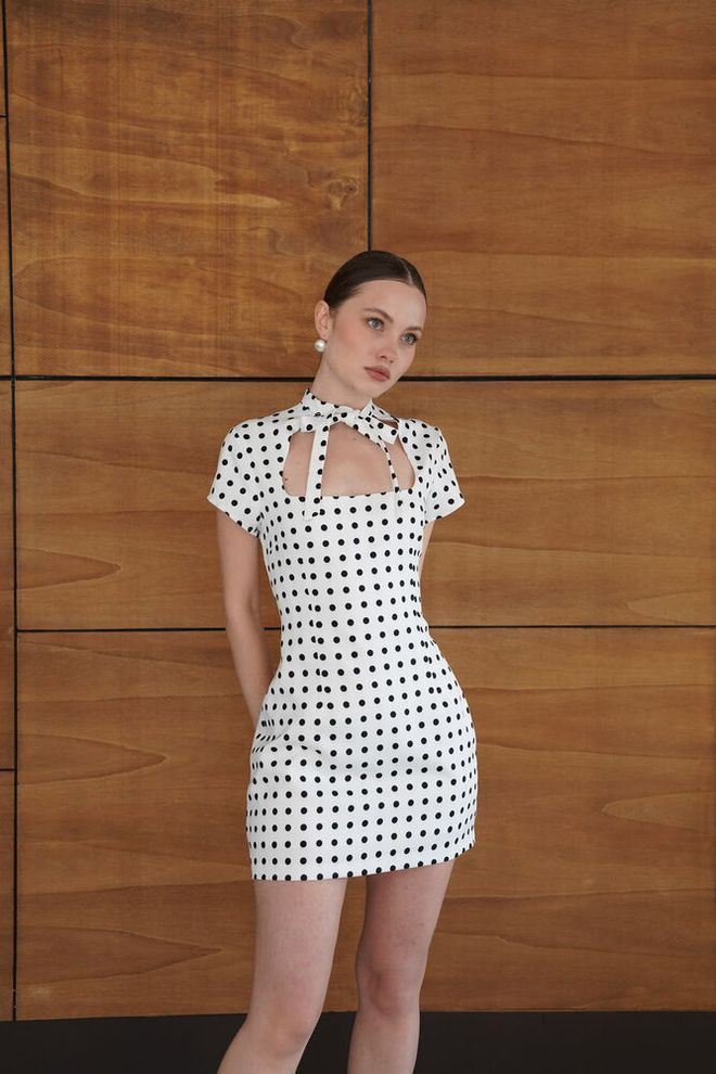 Topshow White Polka Dot Retro Bodycon Mini Dress Wholesale Clothing Birthday