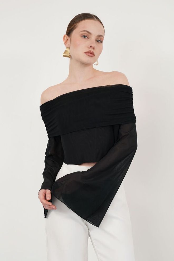 Topshow Black Elegant Glam Bell Sleeve Blouse Wholesale Clothing Vintage