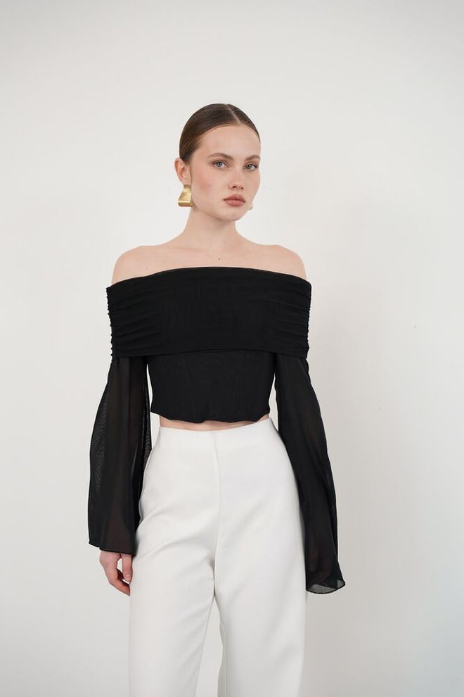 Topshow Black Elegant Glam Bell Sleeve Blouse Wholesale Clothing Work