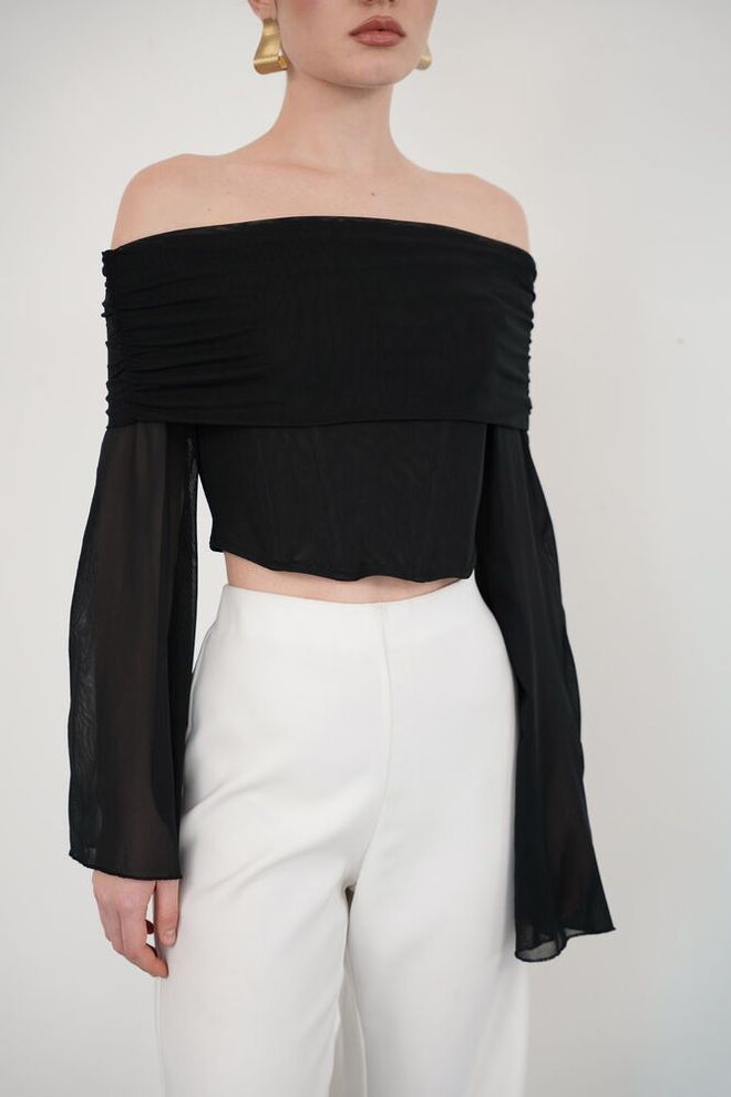 Topshow Black Elegant Glam Bell Sleeve Blouse Wholesale Clothing Spring