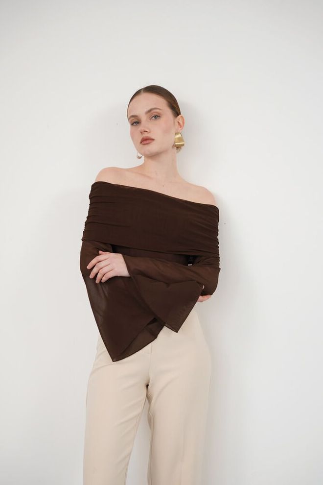 Topshow Brown Elegant Off Shoulder Neck Blouse Wholesale Clothing 1