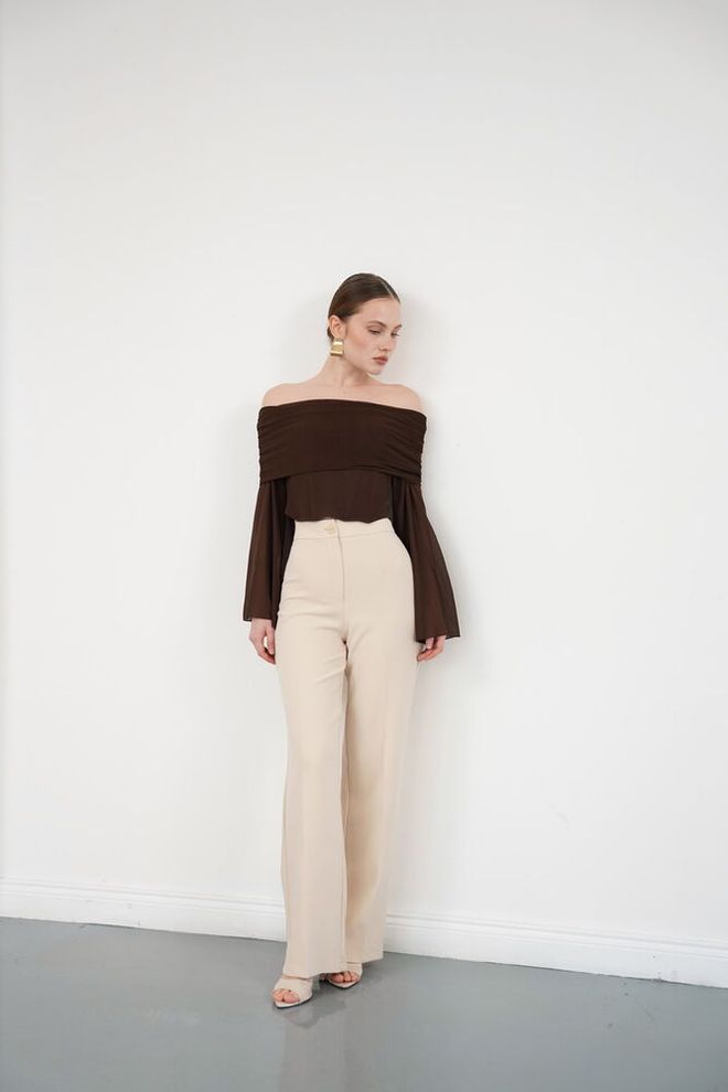 Topshow Brown Elegant Off Shoulder Neck Blouse Wholesale Clothing Work