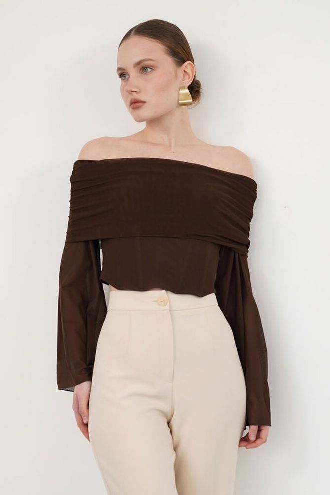 Topshow Brown Elegant Off Shoulder Neck Blouse Wholesale Clothing Vintage