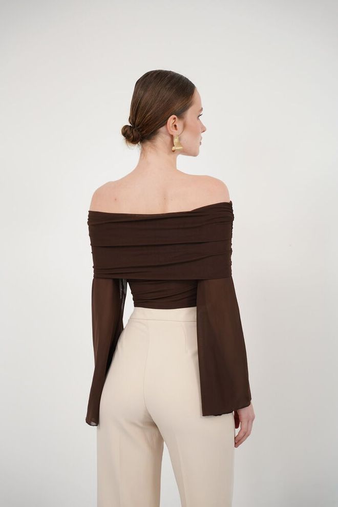 Topshow Brown Elegant Off Shoulder Neck Blouse Wholesale Clothing Sexy