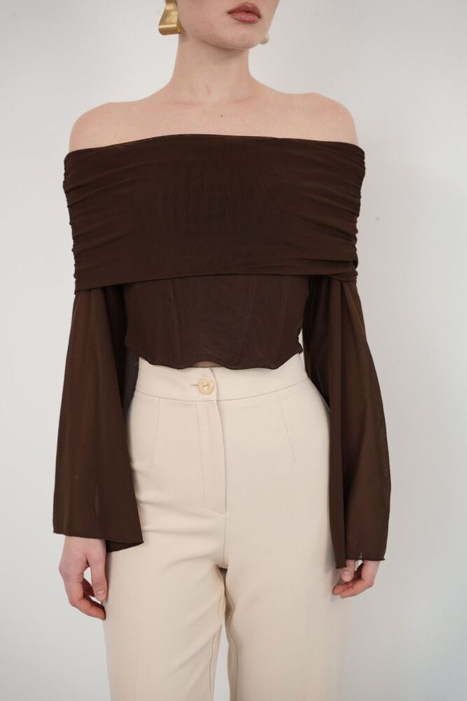 Topshow Brown Elegant Off Shoulder Neck Blouse Wholesale Clothing Spring