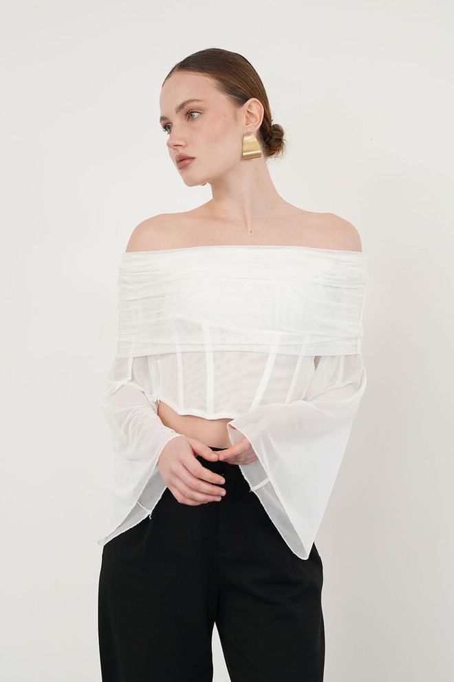 Topshow White Elegant Slim Fit Crop Blouse With Bell Sleeves Wholesale Clothing Sexy