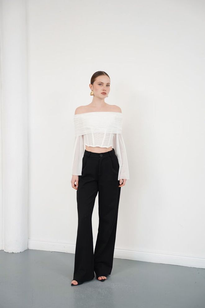 Topshow White Elegant Slim Fit Crop Blouse With Bell Sleeves Wholesale Clothing 1