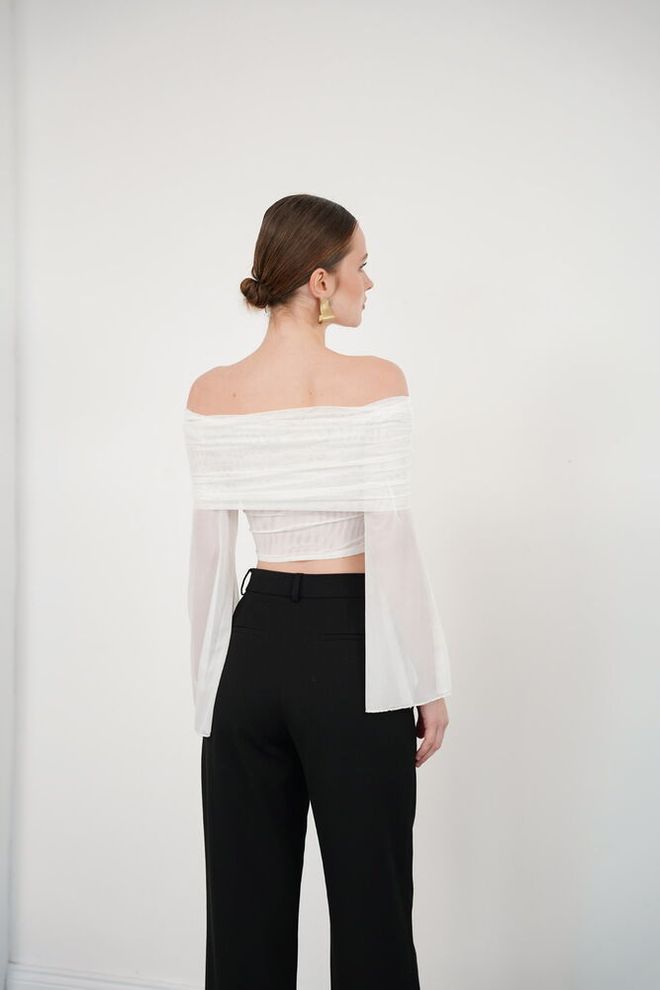 Topshow White Elegant Slim Fit Crop Blouse With Bell Sleeves Wholesale Clothing Elegant