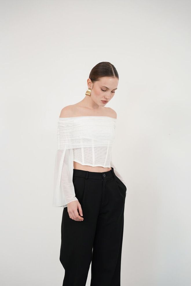Topshow White Elegant Slim Fit Crop Blouse With Bell Sleeves Wholesale Clothing Cocktail