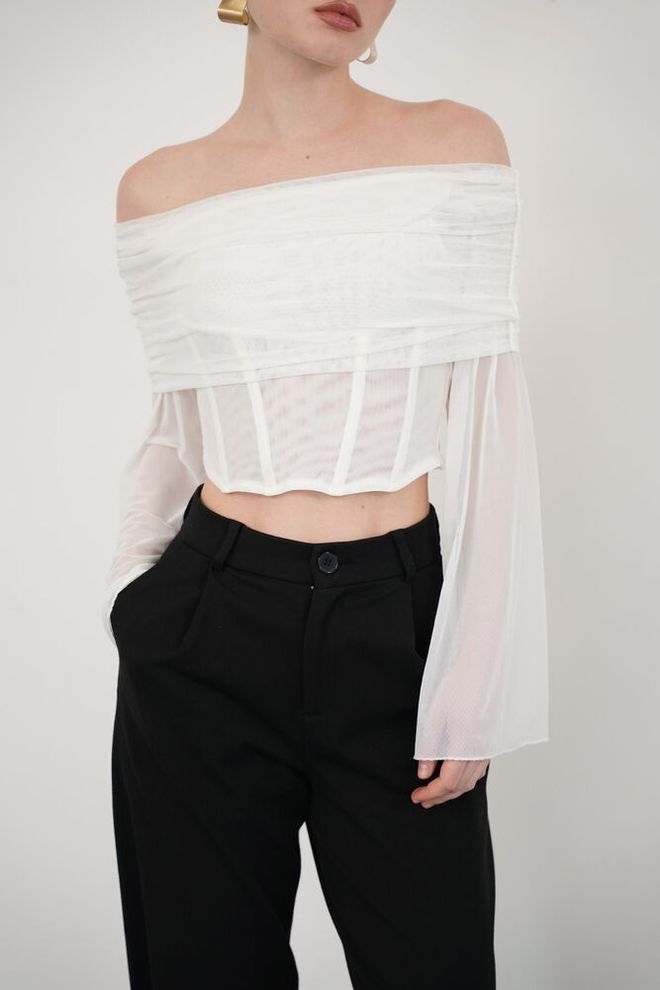 Topshow White Elegant Slim Fit Crop Blouse With Bell Sleeves Wholesale Clothing Spring