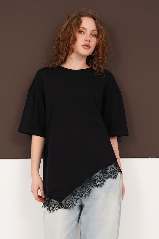 Topshow Czarna Długa Bluzka Oversize Z Pół Rękawem Hurtowa sprzedaż odzieży Skromny