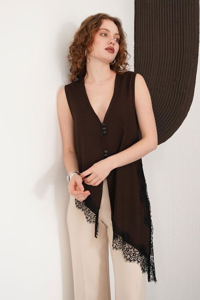 Topshow Blusa Castanha Elegante Sem Mangas Com Decote Em V Roupas por atacado Vintage