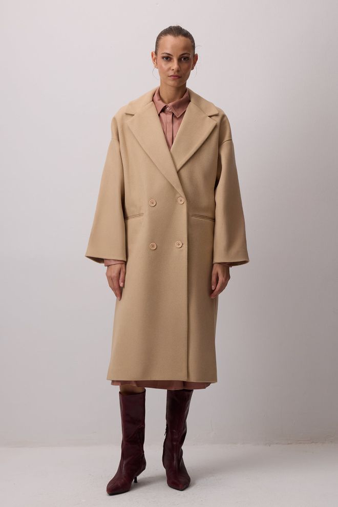 Touche Prive Bej Zarif Tek Düğmeli Uzun Kaban Toptan Giyim Gündelik