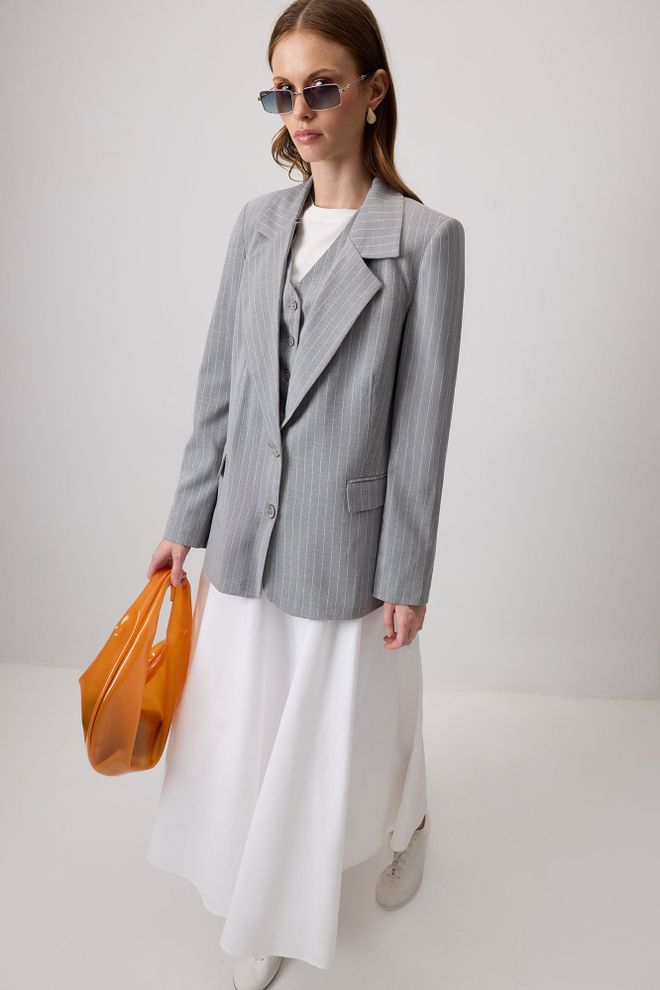 Touche Prive Gri Resmi Çizgili Takım Elbise A Kesim Maxi Etek Toptan Giyim Resmi