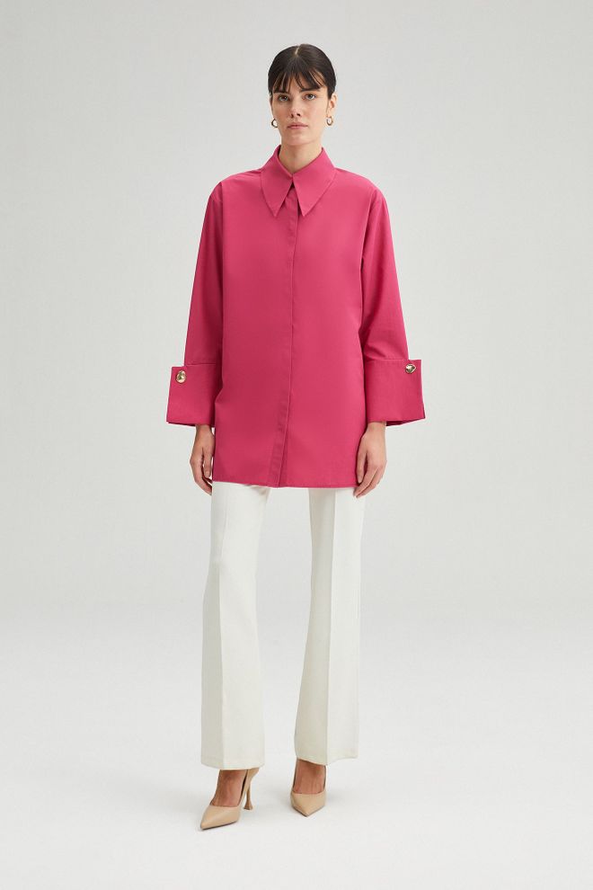 Touche Prive Elegantná Fuchsiová Košeľa S Vrúbkovaným Golierom A Zapínaním Na Gombíky Veľkoobchod s oblečením Práca