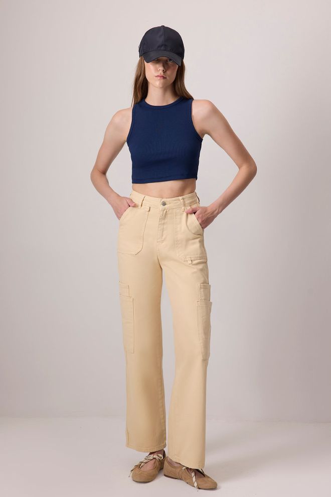 Touche Prive Lacivert Crop Top Dar Kalıp Kolsuz Japone Kol Toptan Giyim Gündelik