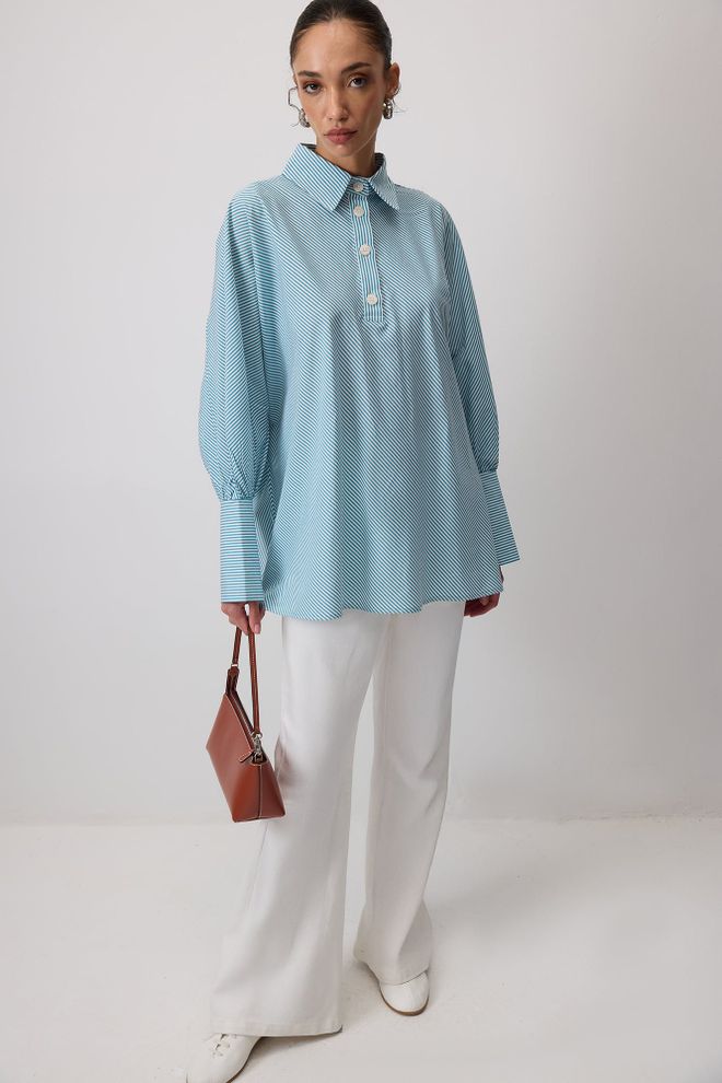 Touche Prive Túnica Azul A Rayas Con Cuello Polo Oversize Y Botones Ropa al por mayor Modesto