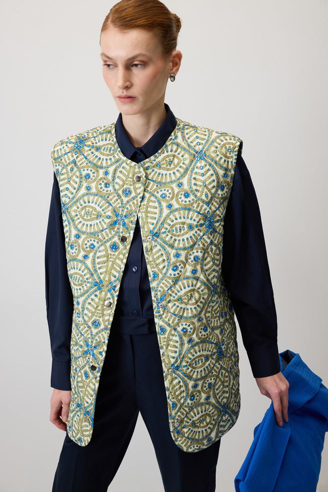 Touche Prive Chaleco Largo Étnico Beige Con Cierre De Clic Ropa al por mayor Modesto