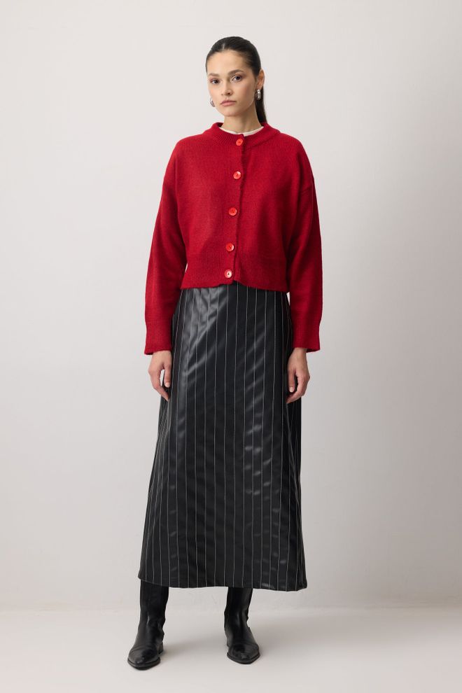 Touche Prive Rdeč Kardigan Z Šal Ovratnikom In Črtami Oblačila na debelo Ležerno