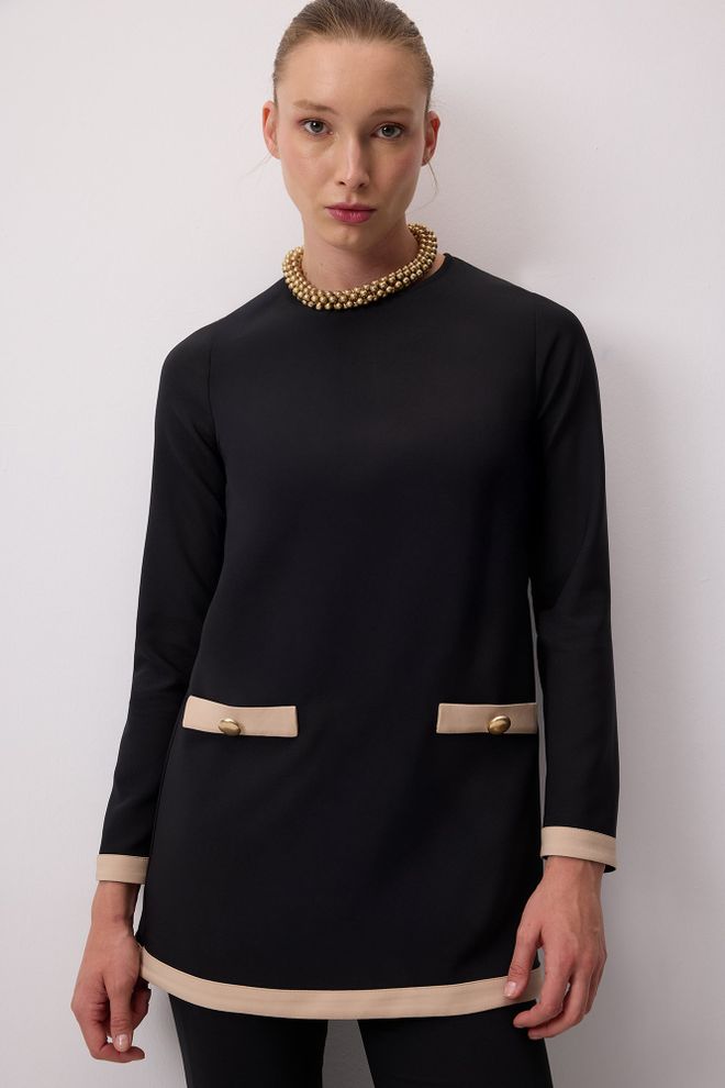 Touche Prive Elegante Schwarze Tunika Mit Reißverschluss Großhandelskleidung Modest