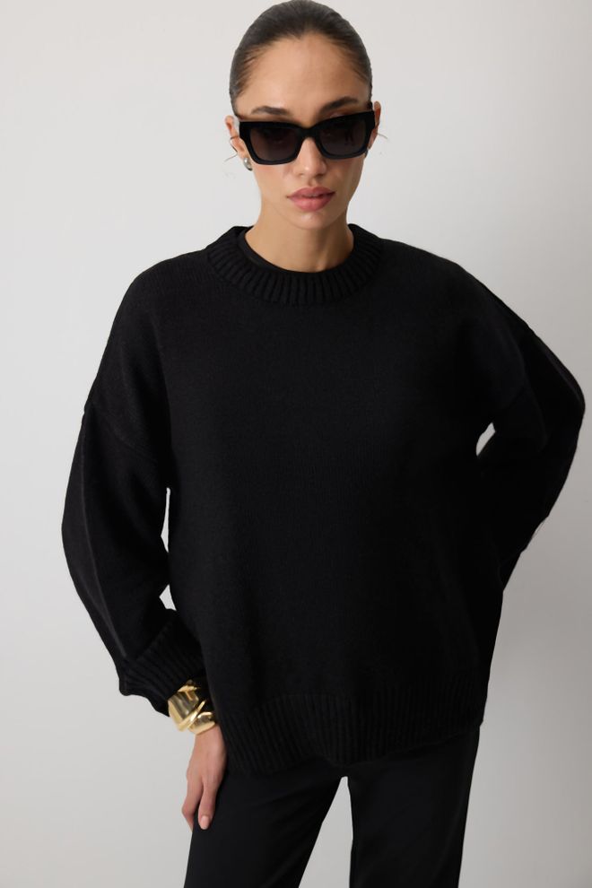 Touche Prive Siyah Kazak Bol Kalıp Uzun Kol Bisiklet Yaka Toptan Giyim Gündelik