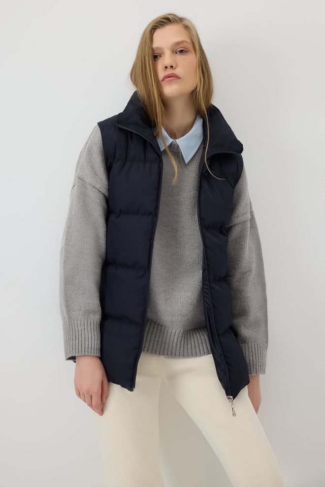 Touche Prive Colete Azul marinho Casual Esportivo Longo Com Zíper Roupas por atacado Casual