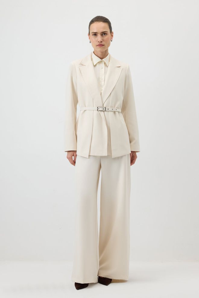 Touche Prive Bej Resmi Zarif Takım Geniş Paça Palazzo Pantolonlu Toptan Giyim Resmi