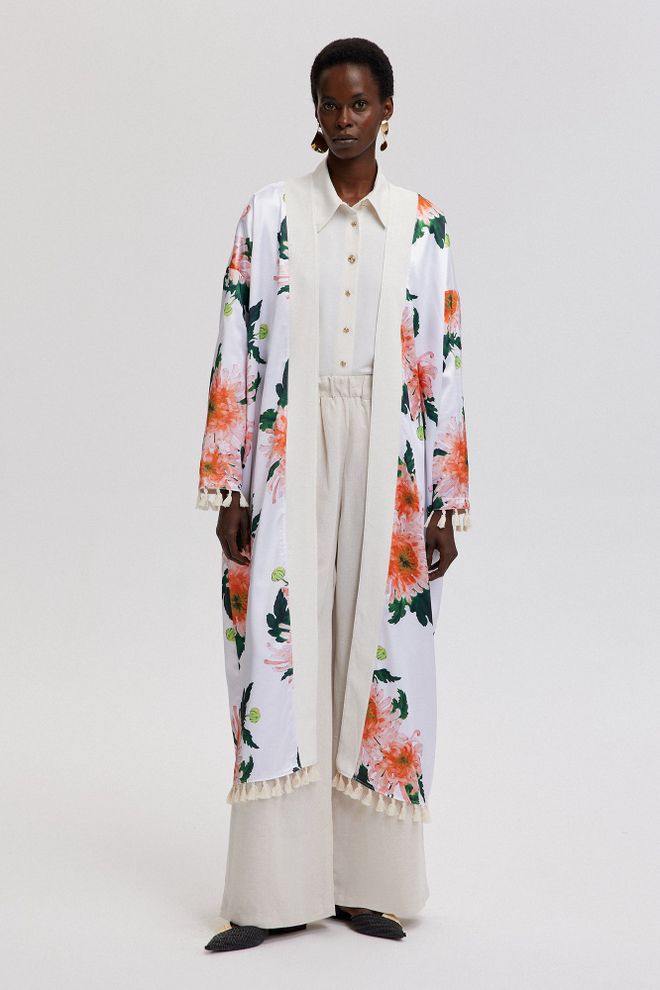 Touche Prive Belo Etnično Cvetlično Kimono Z Zarezanim Vratom Oblačila na debelo Ležerno