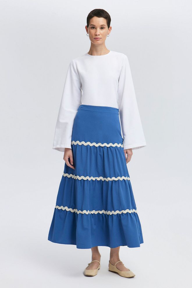 Touche Prive Saia Azul Étnica Alargada Maxi Cintura Média Fecho Zipper Roupas por atacado Modesto