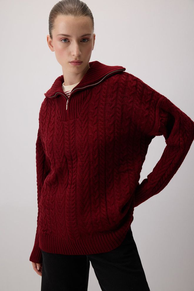 Touche Prive Bordo Kazak Kapüşonlu Ve Bol Kalıp Toptan Giyim Gündelik