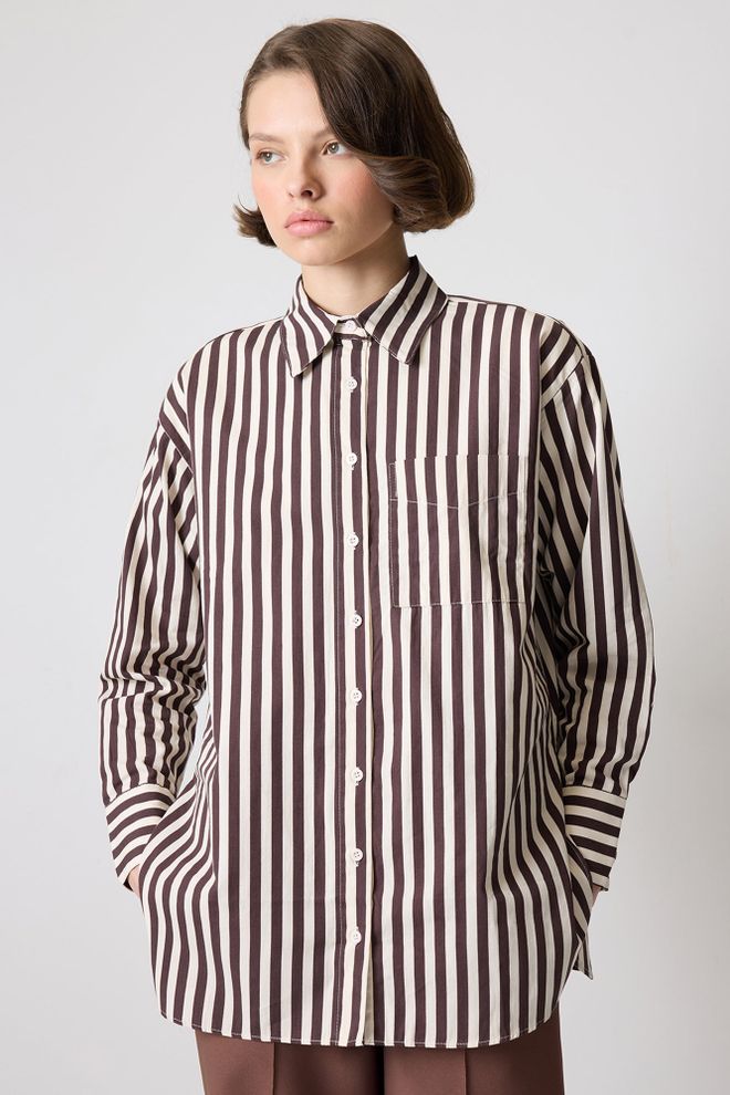 Touche Prive Rjava Črtasta Priložnostna Majica Z Zarezanim Vratom Oblačila na debelo Ležerno