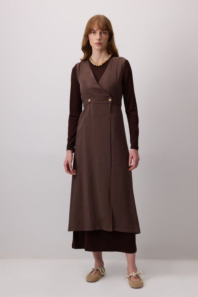 Touche Prive Kahverengi Tesettür Wrap Elbise V Yaka Ve Uzun Kollu Toptan Giyim Tesettür