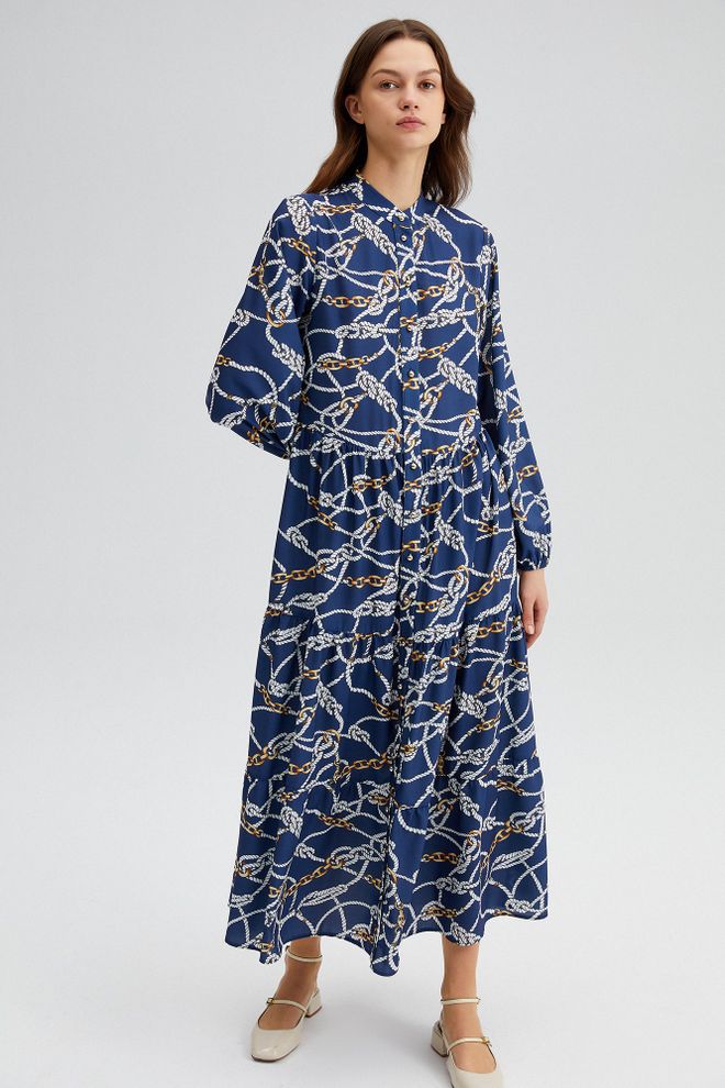 Touche Prive Vestido Camisa Maxi Elegante Azul Marino Ropa al por mayor Modesto