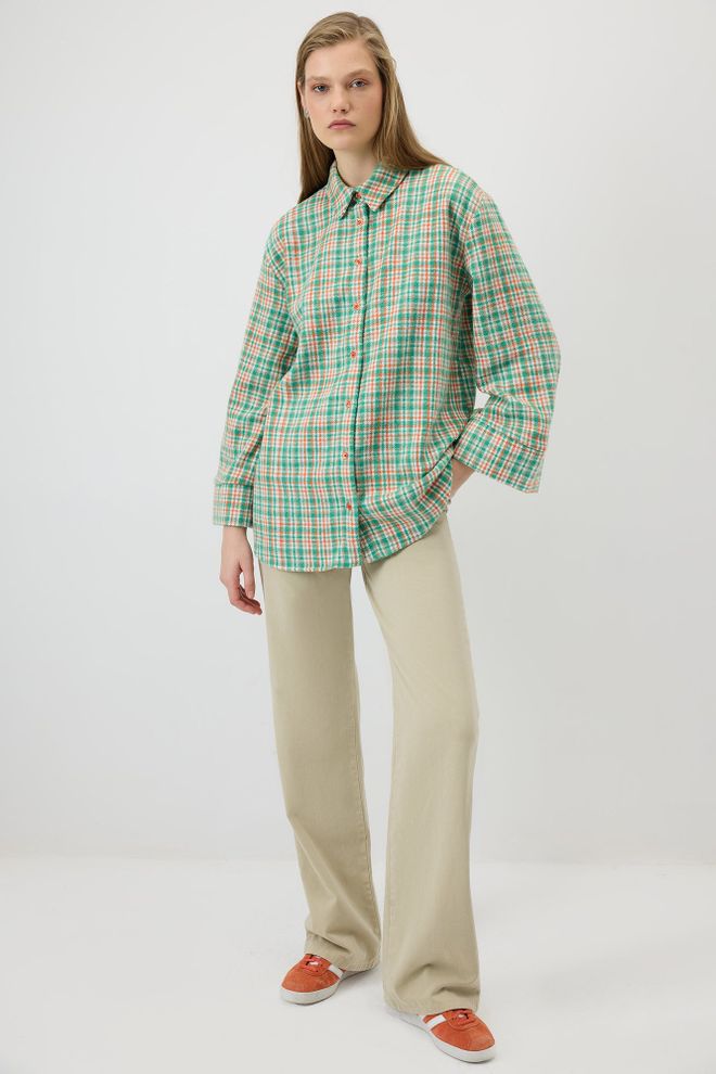 Touche Prive Yeşil Kareli Günlük Bol Kesim Polo Yaka Gömlek Toptan Giyim Gündelik