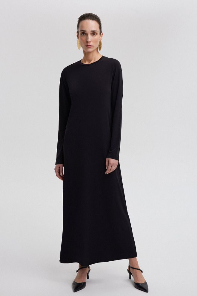 Touche Prive Zarif Siyah Yer Hizasında Düz Elbise Toptan Giyim Tesettür