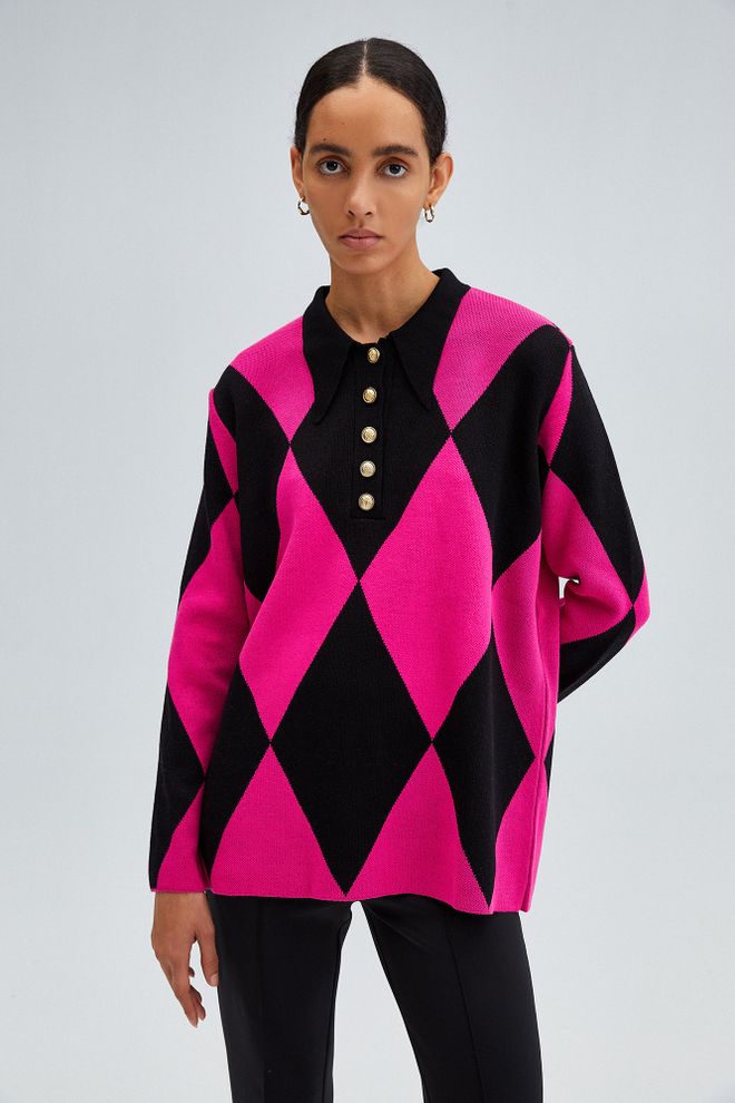 Touche Prive Túnica Fucsia Con Botones Y Cuello Polo De Patrón Argyle Ropa al por mayor Casual