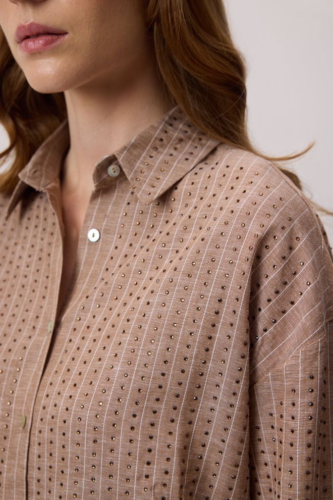 Touche Prive Kahverengi Günlük Zarif Çizgili Payetli Gömlek Toptan Giyim Gündelik