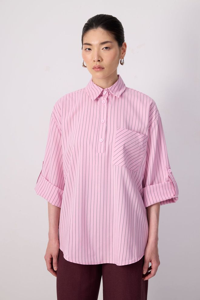 Touche Prive Tunica Rosa Vestibilità Oversize A Strisce Collo Alto Abbigliamento all'ingrosso Modesto