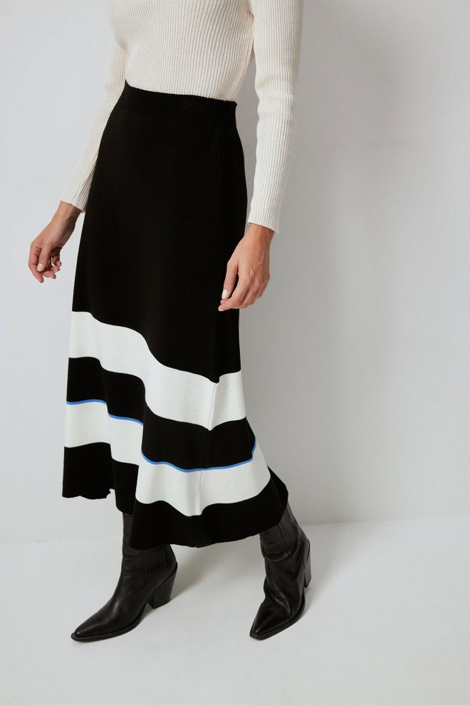 Touche Prive Schwarzer Ausgestellter Midi Rock Mit Farbblock Design Großhandelskleidung Lässig