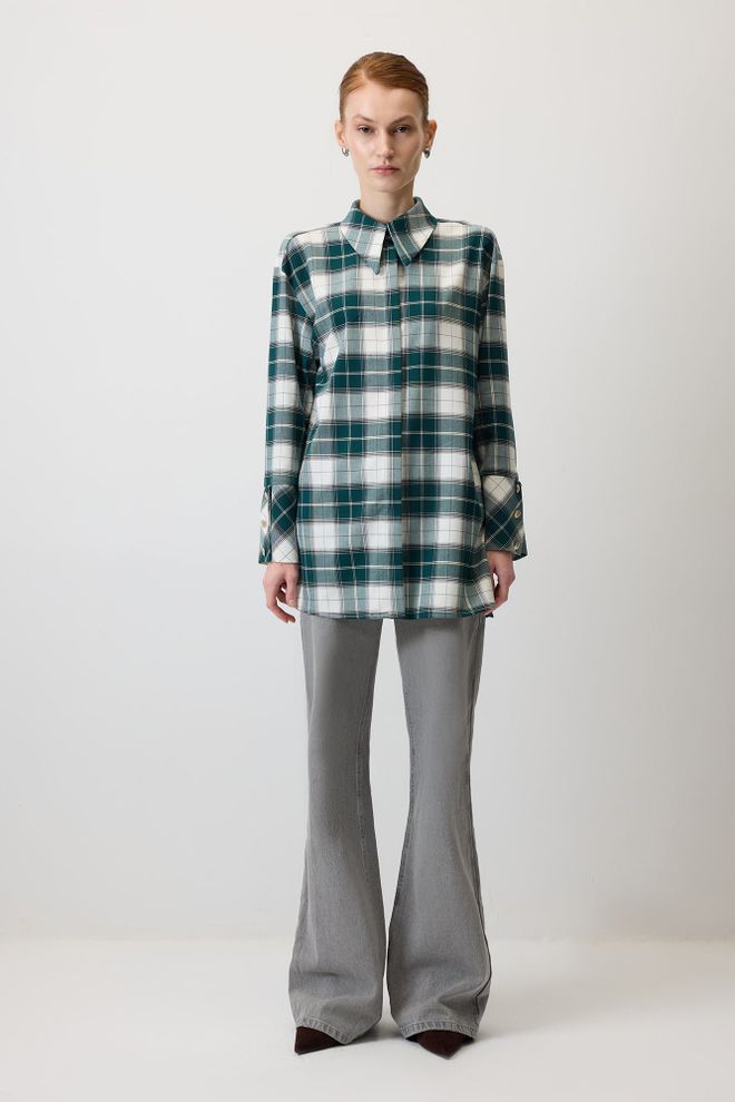 Touche Prive Зеленая Повседневная Винтажная Клетчатая Рубашка На Пуговицах С Длинными Рукавами Для Работы И Вечера Оптовая продажа одежды Повседневный