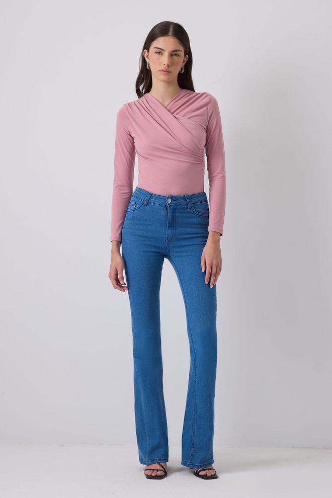 Touche Prive Roze Elegante Nauwsluitende Bodysuit Met V hals En Lange Mouwen Groothandel Kleding Casual