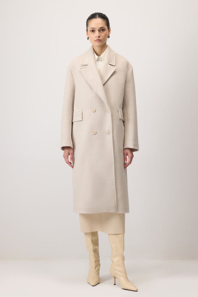 Touche Prive Bej Çift Düğmeli Zarif Kaban Kapaklı Ceplerle Toptan Giyim Gündelik